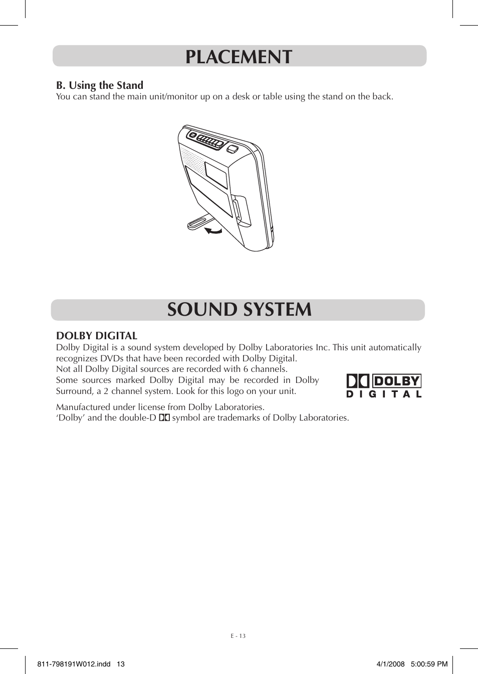 Placement, Sound system | Venturer PVS7980 User Manual | Page 13 / 20