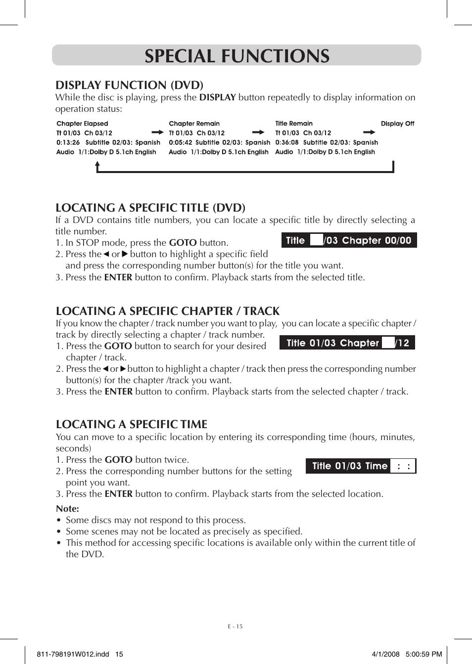 Special functions, Display function (dvd), Locating a specific chapter / track | Locating a specific title (dvd), Locating a specific time | Venturer PVS7980 User Manual | Page 15 / 20