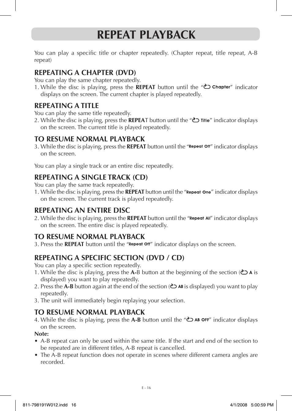 Repeat playback, Repeating a chapter (dvd), Repeating a title | Repeating a single track (cd), Repeating an entire disc | Venturer PVS7980 User Manual | Page 16 / 20