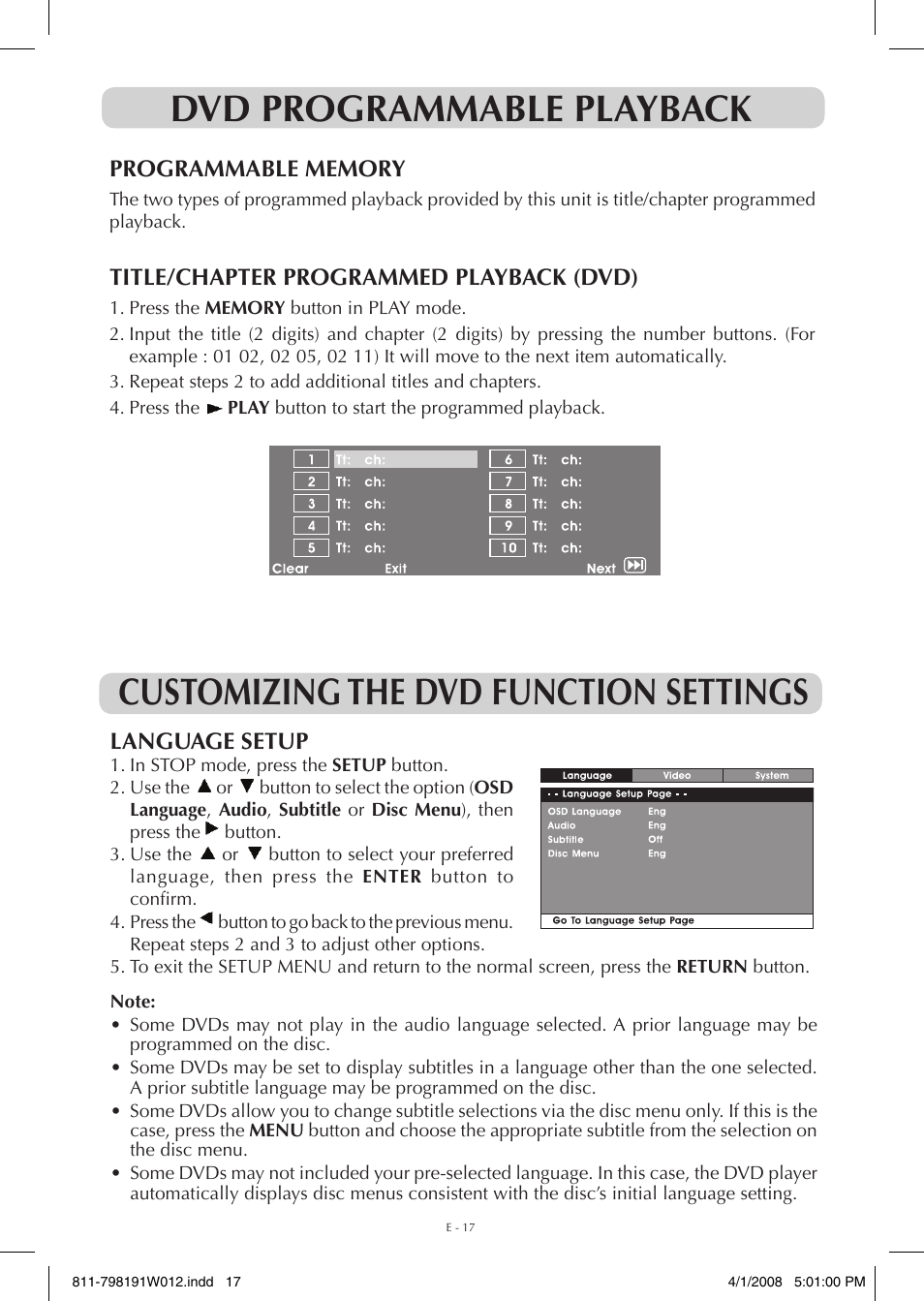 Dvd programmable playback, Customizing the dvd function settings, Title/chapter programmed playback (dvd) | Language setup | Venturer PVS7980 User Manual | Page 17 / 20