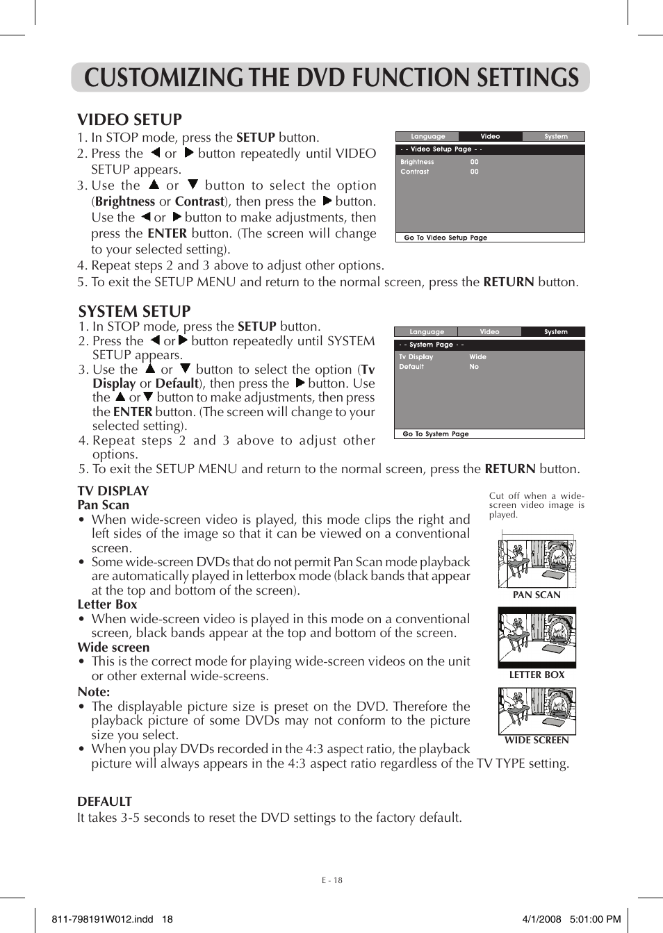 Customizing the dvd function settings, Video setup, System setup | Venturer PVS7980 User Manual | Page 18 / 20