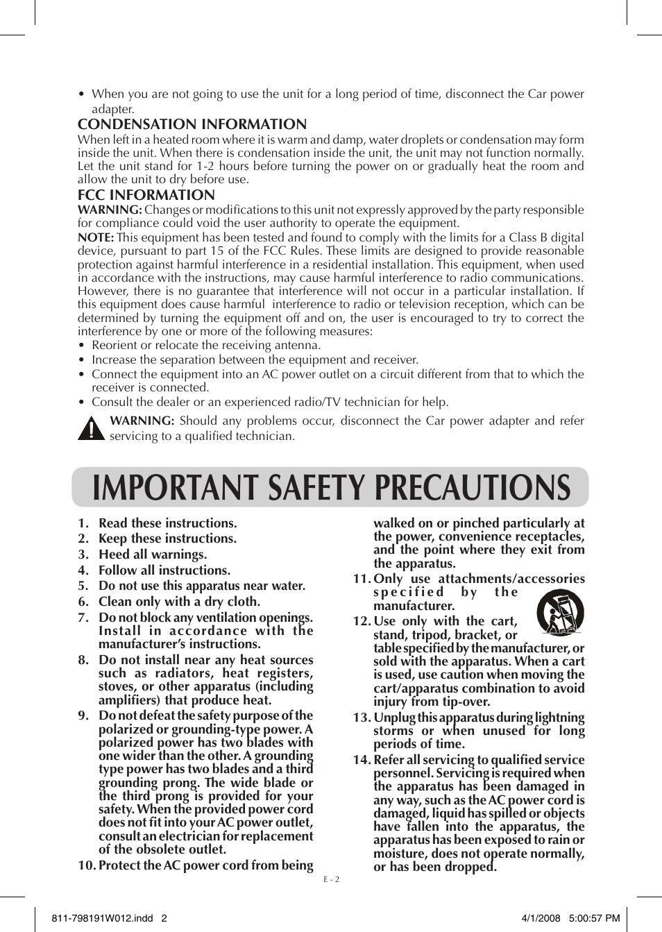 Important safety precautions | Venturer PVS7980 User Manual | Page 2 / 20