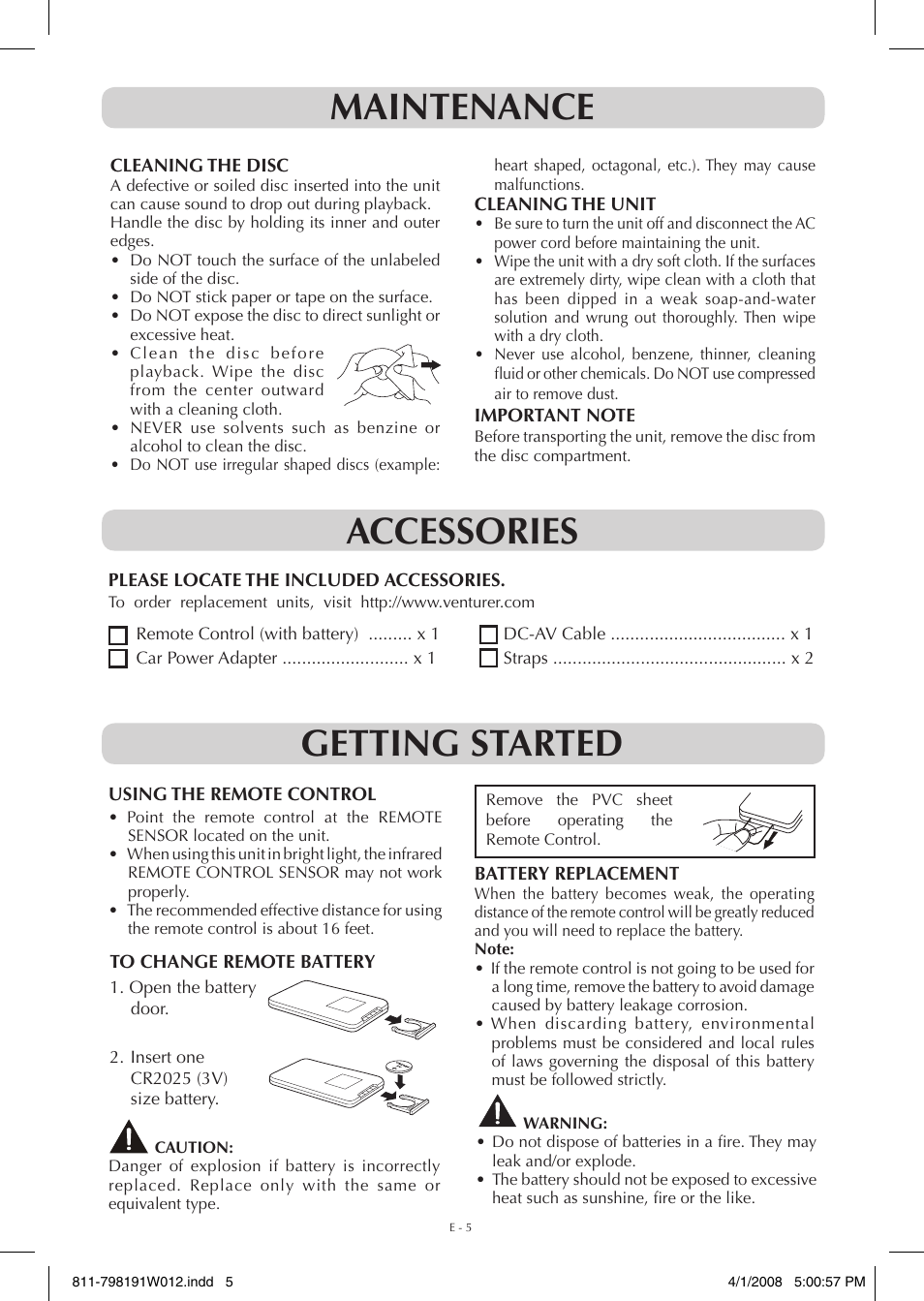 Maintenance, Getting started, Accessories | Venturer PVS7980 User Manual | Page 5 / 20