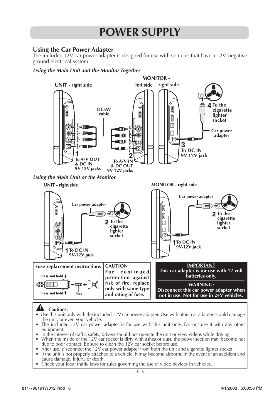 Power supply, Using the car power adapter | Venturer PVS7980 User Manual | Page 8 / 20