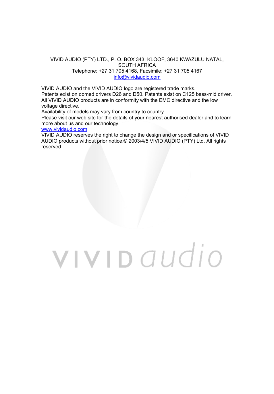 Vivid Audio V1w User Manual | Page 13 / 13