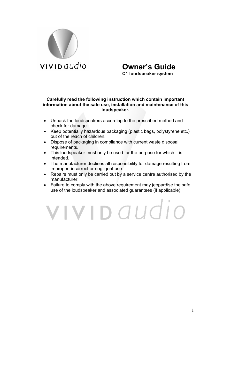 Vivid Audio C1 User Manual | 7 pages