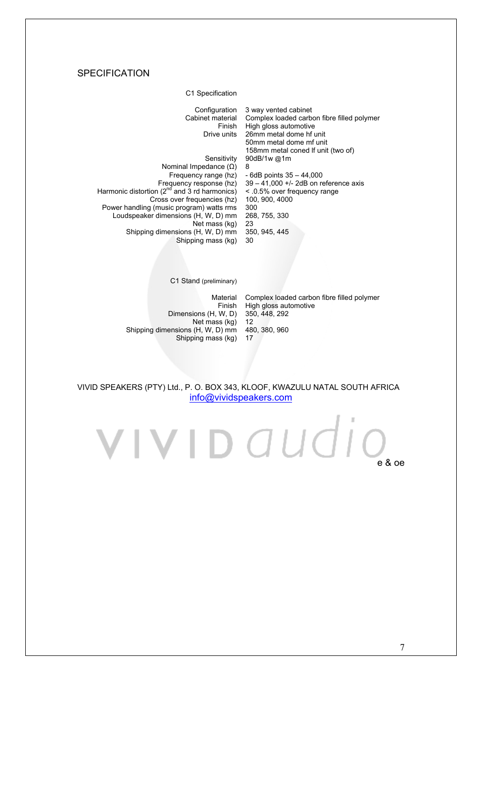 Vivid Audio C1 User Manual | Page 7 / 7