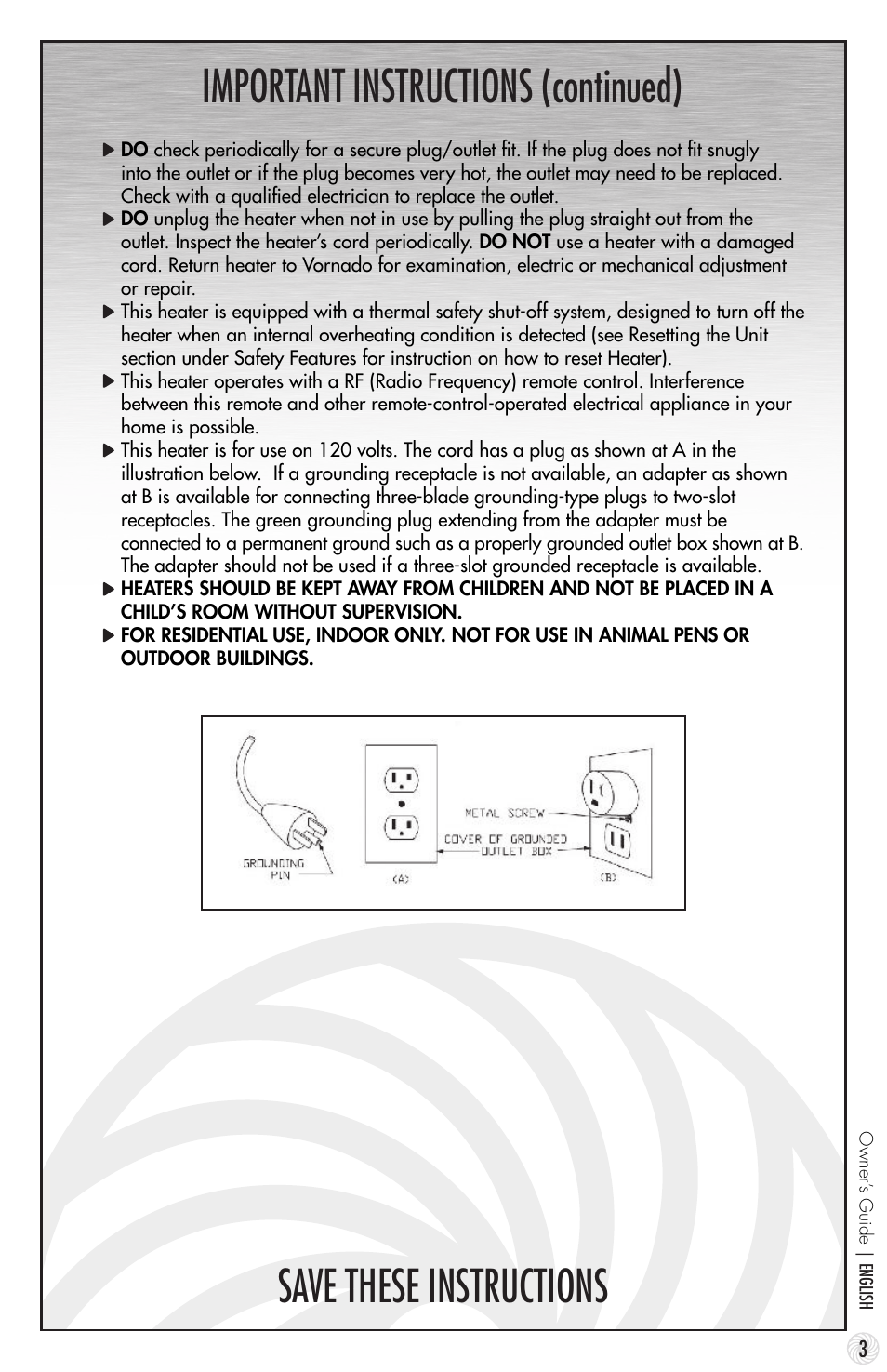 Important instructions (continued), Save these instructions | Vornado TouchStone 600 User Manual | Page 3 / 24