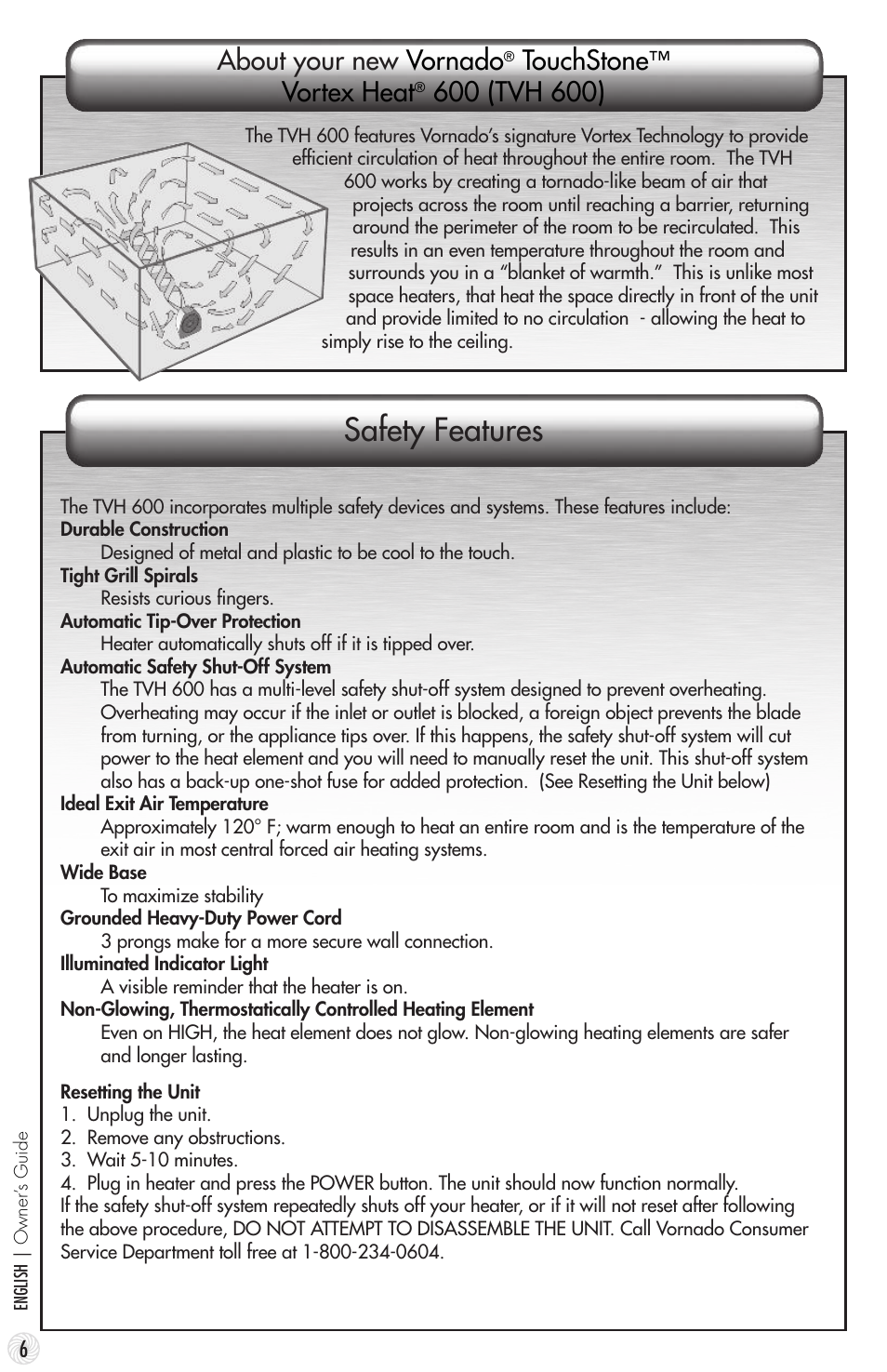 Safety features, About your new vornado, Touchstone | Vortex heat | Vornado TouchStone 600 User Manual | Page 6 / 24