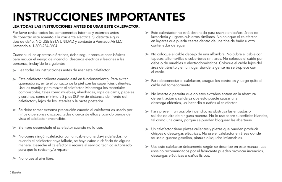 Instrucciones importantes | Vornado VH110 User Manual | Page 10 / 16