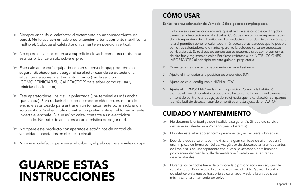 Guarde estas instrucciones, Cómo usar, Cuidado y mantenimiento | Vornado VH110 User Manual | Page 11 / 16