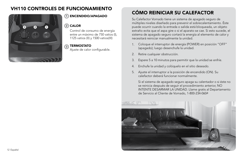 Vh110 controles de funcionamiento, Cómo reiniciar su calefactor | Vornado VH110 User Manual | Page 12 / 16