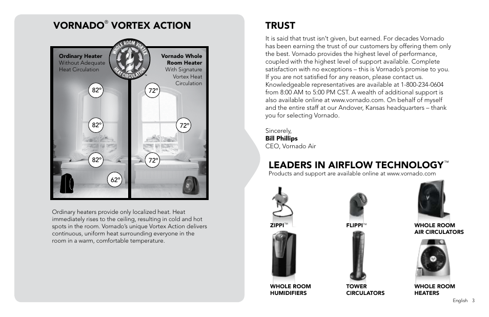 Trust, Leaders in airflow technology, Vornado | Vortex action | Vornado VH110 User Manual | Page 3 / 16