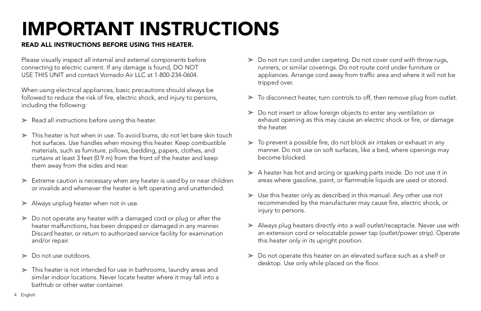 Important instructions | Vornado VH110 User Manual | Page 4 / 16