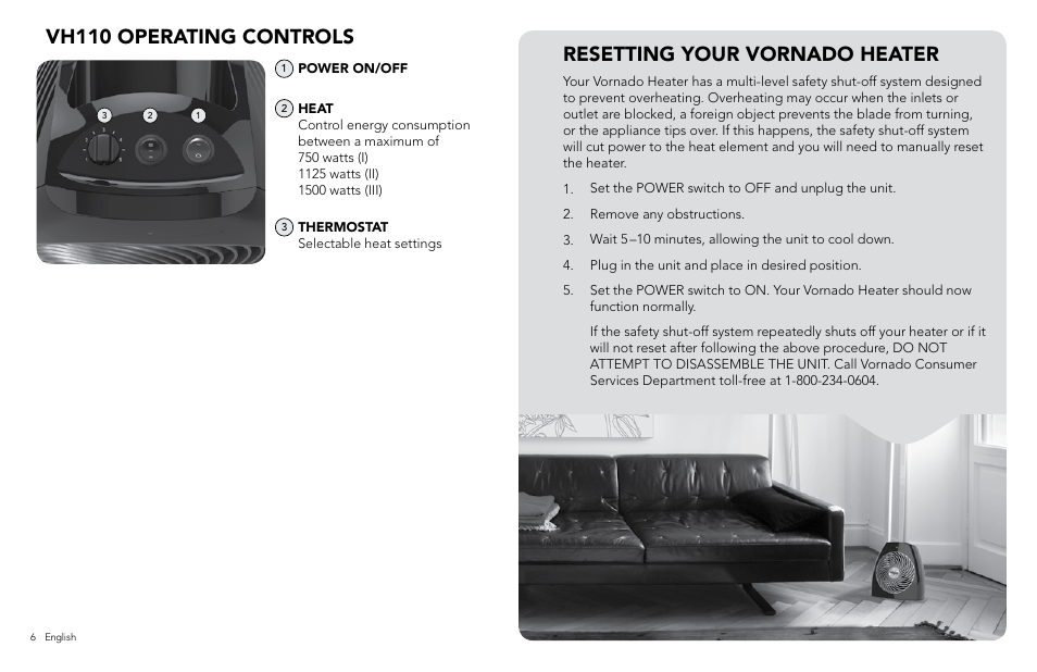 Resetting your vornado heater, Vh110 operating controls | Vornado VH110 User Manual | Page 6 / 16