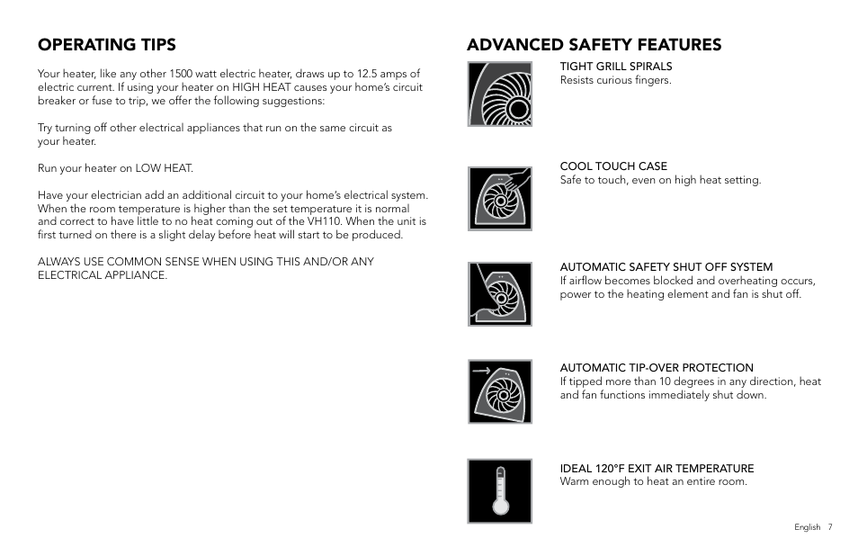 Advanced safety features operating tips | Vornado VH110 User Manual | Page 7 / 16