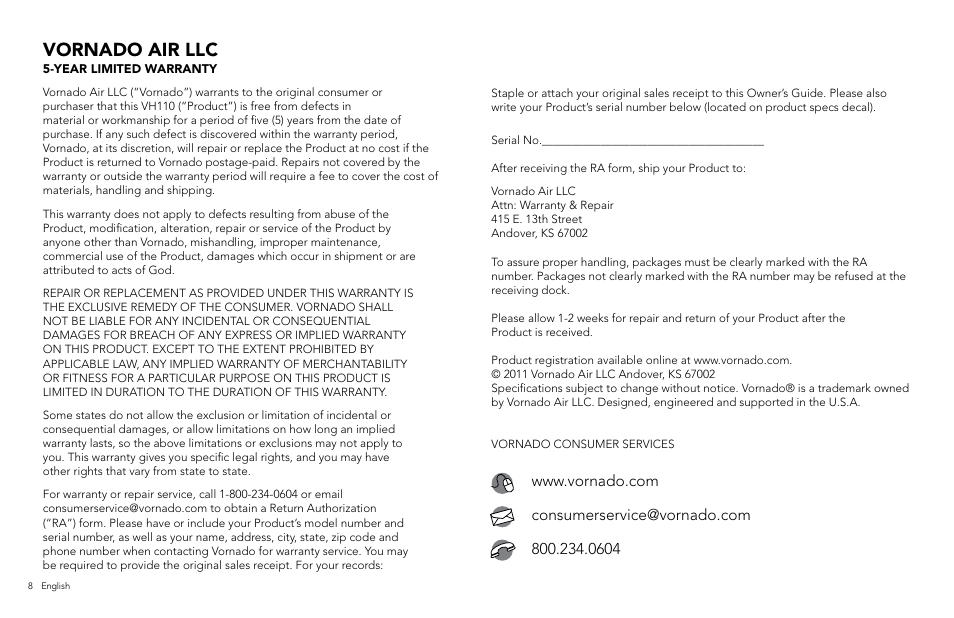 Vornado air llc | Vornado VH110 User Manual | Page 8 / 16