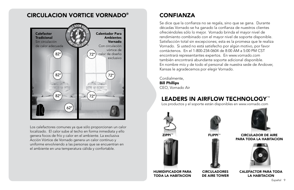 Confianza, Leaders in airflow technology, Circulacion vortice vornado | Vornado VH110 User Manual | Page 9 / 16