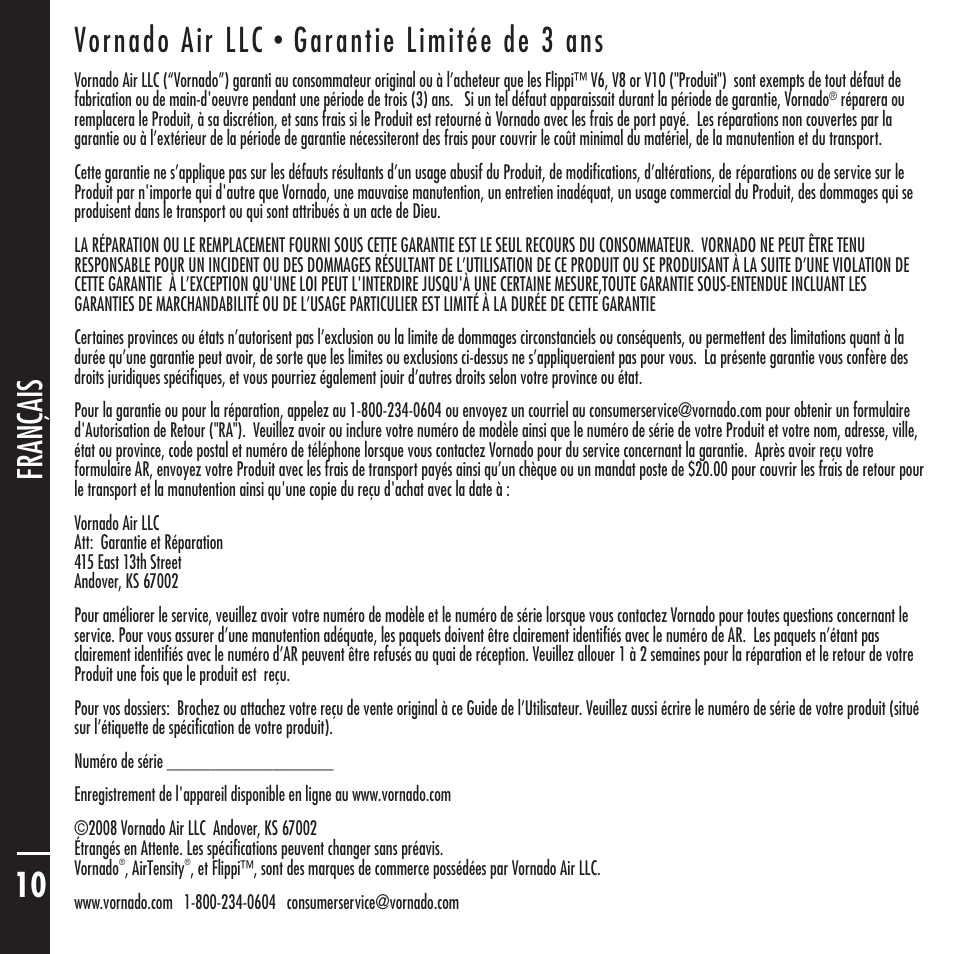 English français esp añol 10 vornado air llc, Garantie limitée de 3 ans | Vornado Flippi User Manual | Page 10 / 16