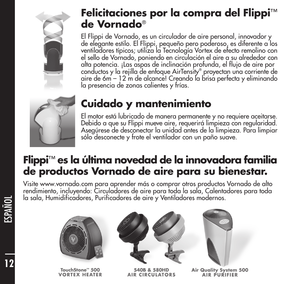 De vornado, Cuidado y mantenimiento, Flippi | Vornado Flippi User Manual | Page 12 / 16