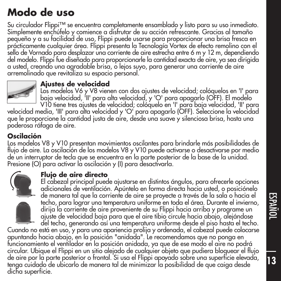 De vornado, Cuidado y mantenimiento, Flippi | Modo de uso | Vornado Flippi User Manual | Page 13 / 16