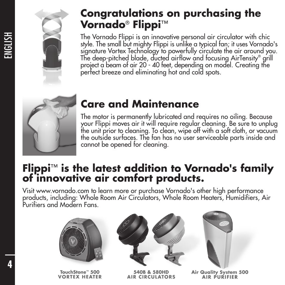 Flippi, Care and maintenance | Vornado Flippi User Manual | Page 4 / 16