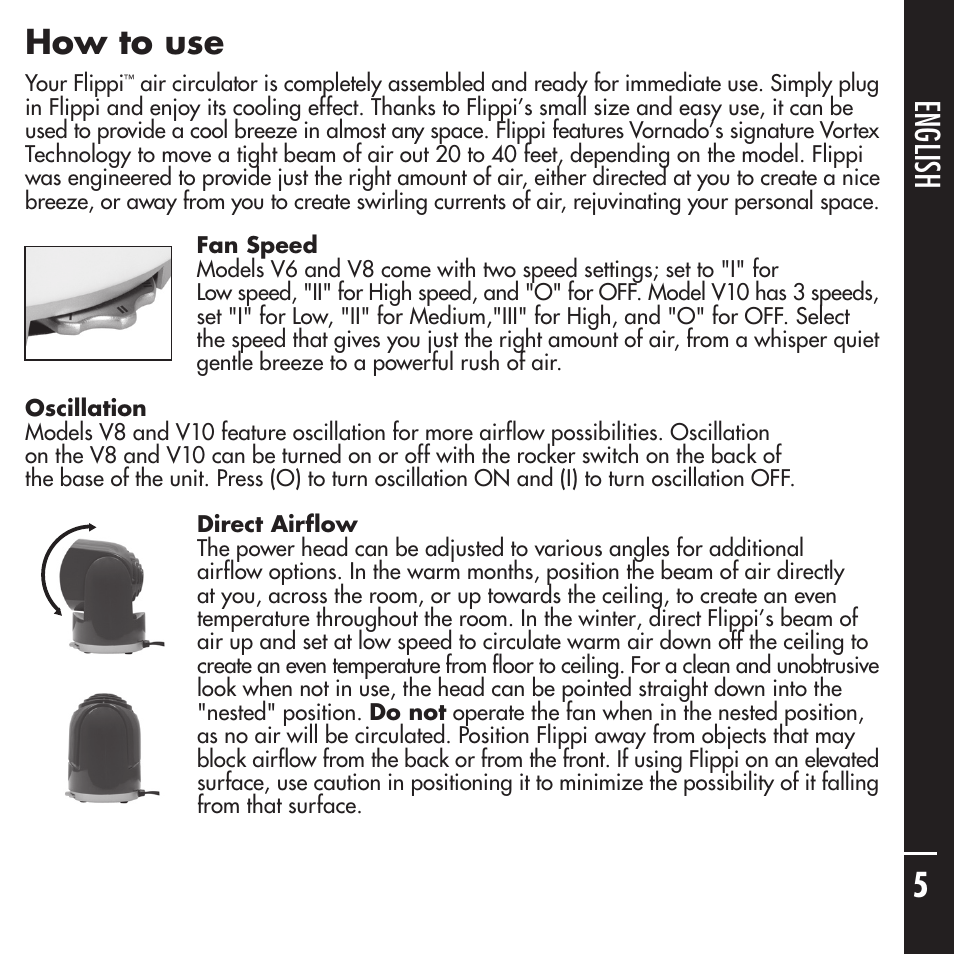 English français esp añol 5 how to use | Vornado Flippi User Manual | Page 5 / 16