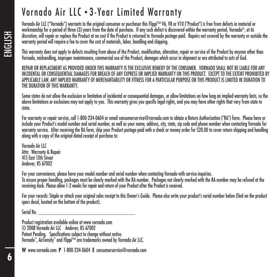 Vornado air llc, Year limited warranty, English français esp añol 6 | Vornado Flippi User Manual | Page 6 / 16