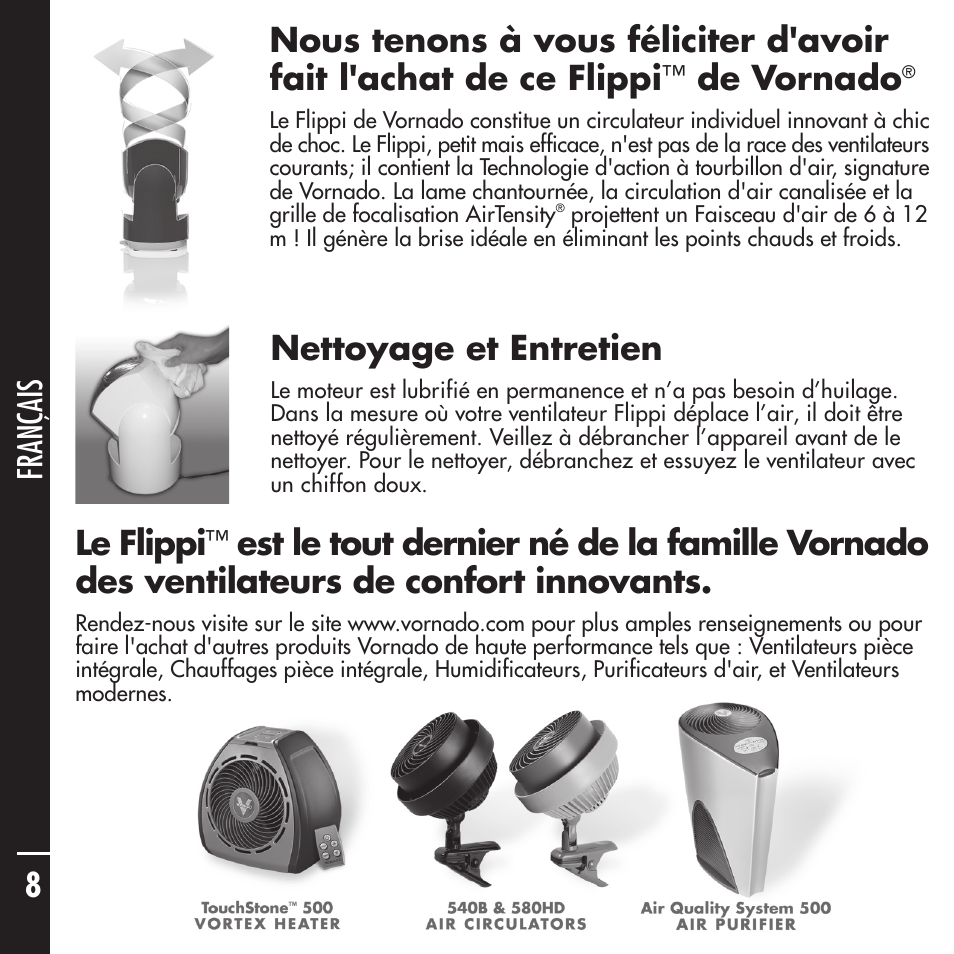 De vornado, Nettoyage et entretien, Le flippi | Vornado Flippi User Manual | Page 8 / 16