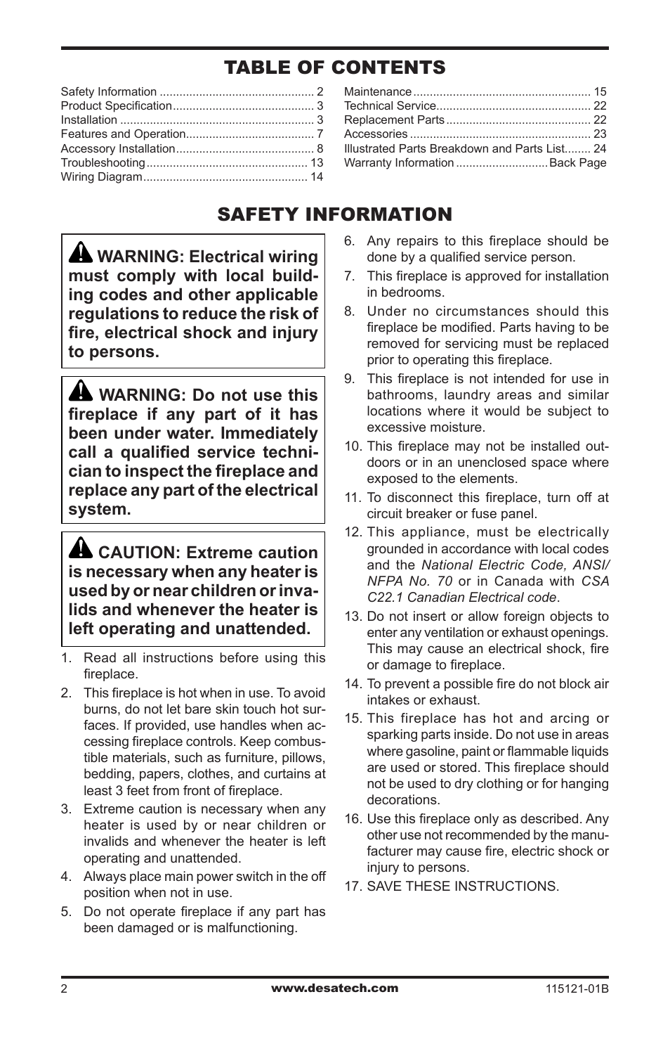 Safety information, Safety information table of contents | Vanguard VE36L User Manual | Page 2 / 28