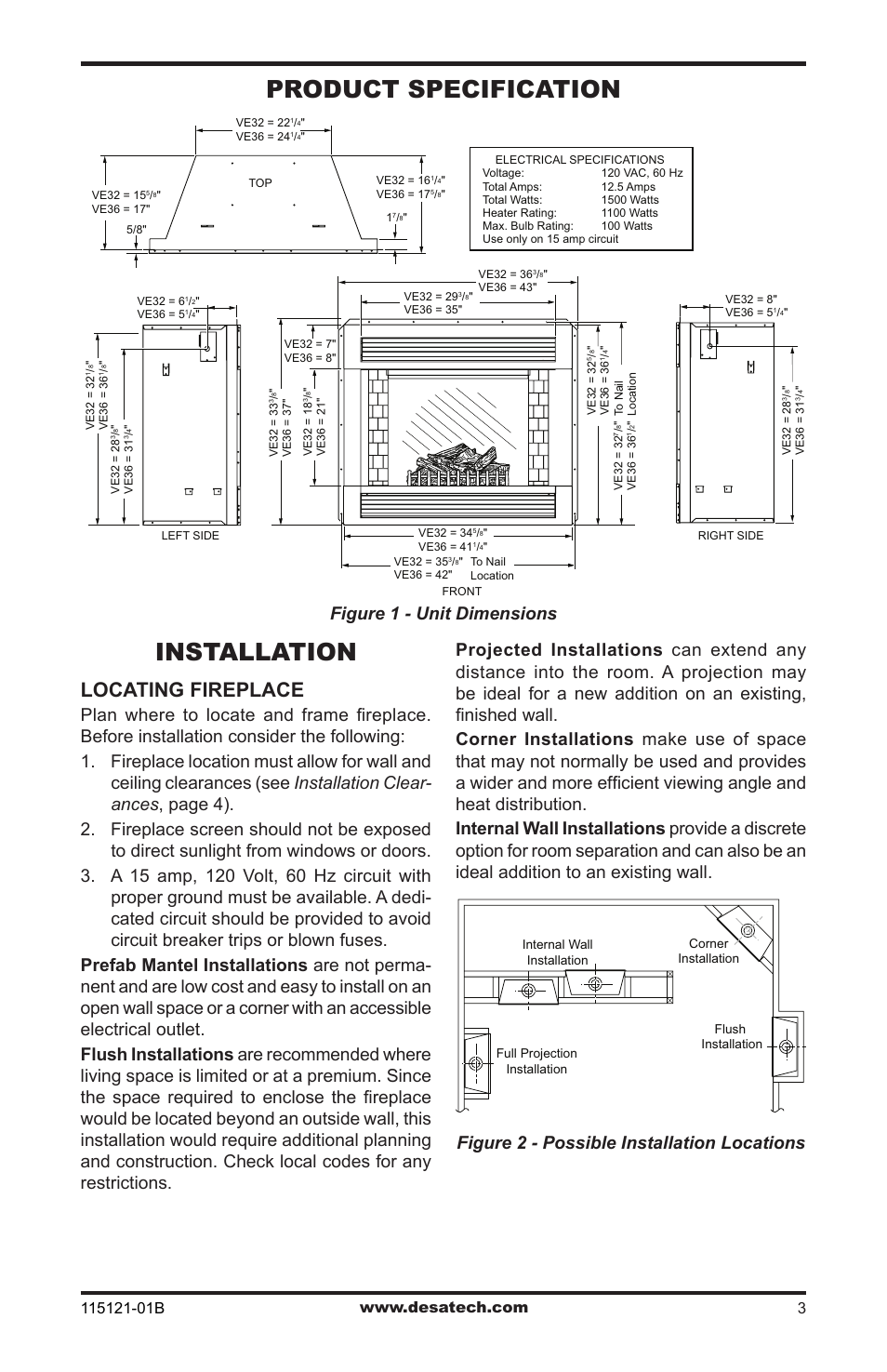 Product specification, Installation, Locating fireplace | Figure 1 - unit dimensions | Vanguard VE36L User Manual | Page 3 / 28