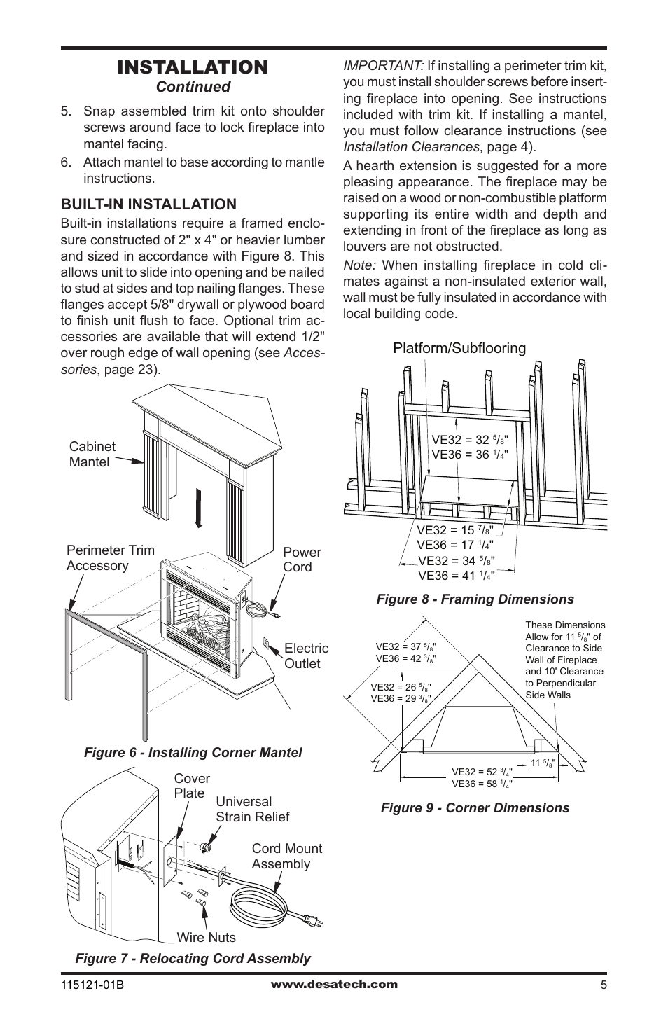 Installation, Continued, Built-in installation | Platform/subflooring, Figure 8 - framing dimensions, Figure 9 - corner dimensions | Vanguard VE36L User Manual | Page 5 / 28