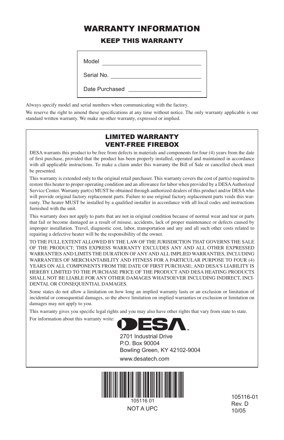 Warranty information, Limited warranty vent-free firebox, Keep this warranty | Vanguard FBST User Manual | Page 20 / 20