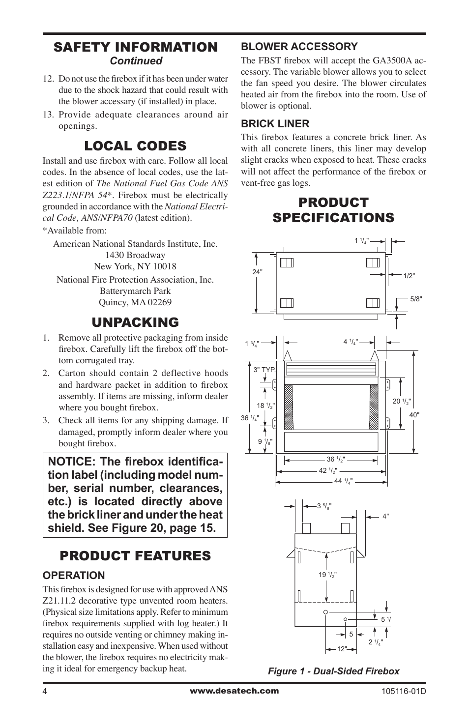 Product specifications, Local codes, Unpacking | Product features, Safety information, Operation, Blower accessory, Brick liner, Continued, Figure 1 - dual-sided firebox | Vanguard FBST User Manual | Page 4 / 20