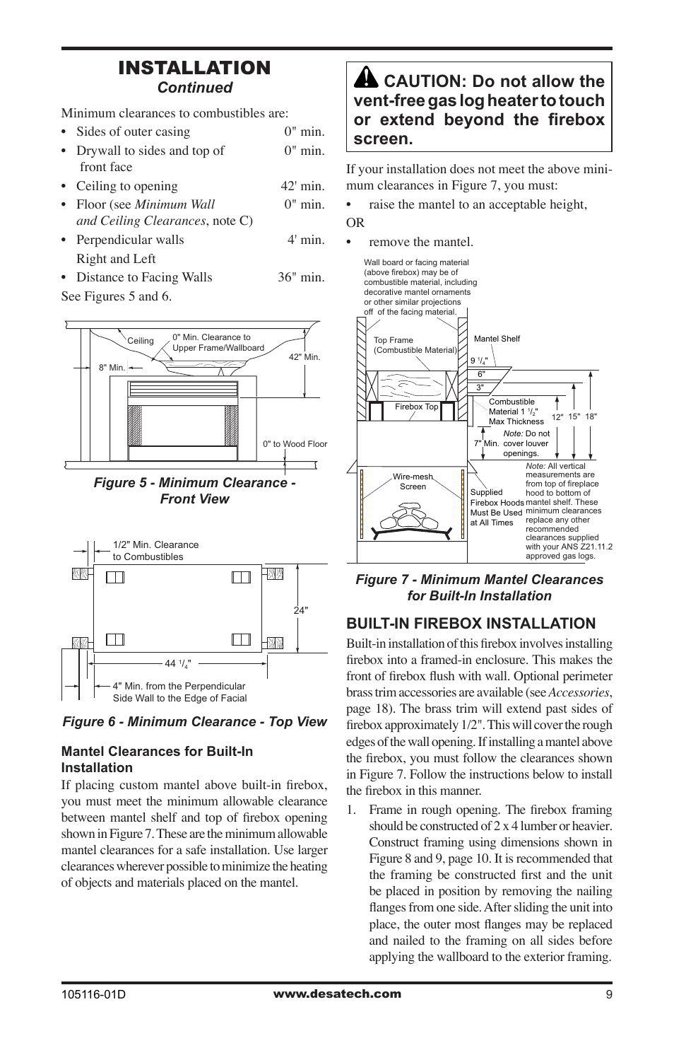 Installation, Continued, Built-in firebox installation | Vanguard FBST User Manual | Page 9 / 20