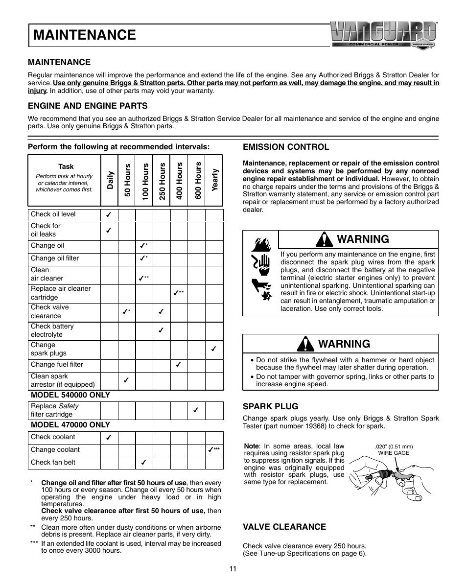 Maintenance, Warning | Vanguard 470000 User Manual | Page 11 / 20