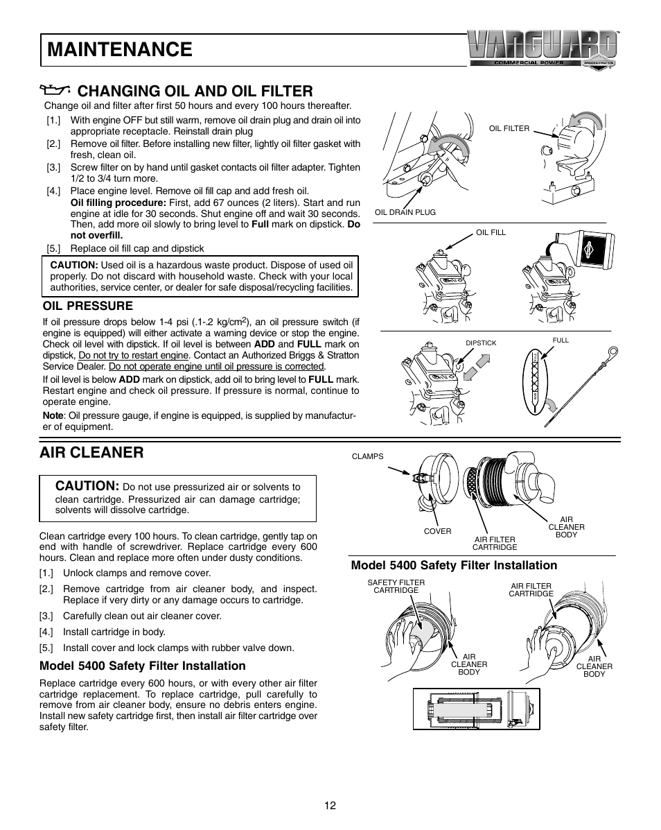 Maintenance, Changing oil and oil filter, Air cleaner | Caution | Vanguard 470000 User Manual | Page 12 / 20