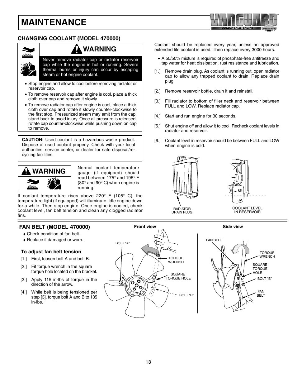 Maintenance, Warning | Vanguard 470000 User Manual | Page 13 / 20