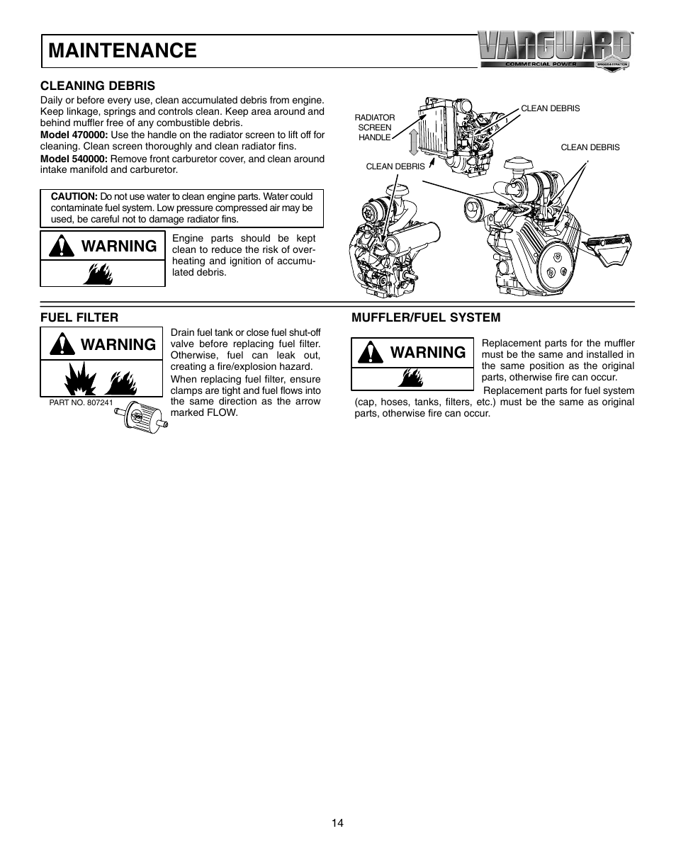 Maintenance, Warning | Vanguard 470000 User Manual | Page 14 / 20