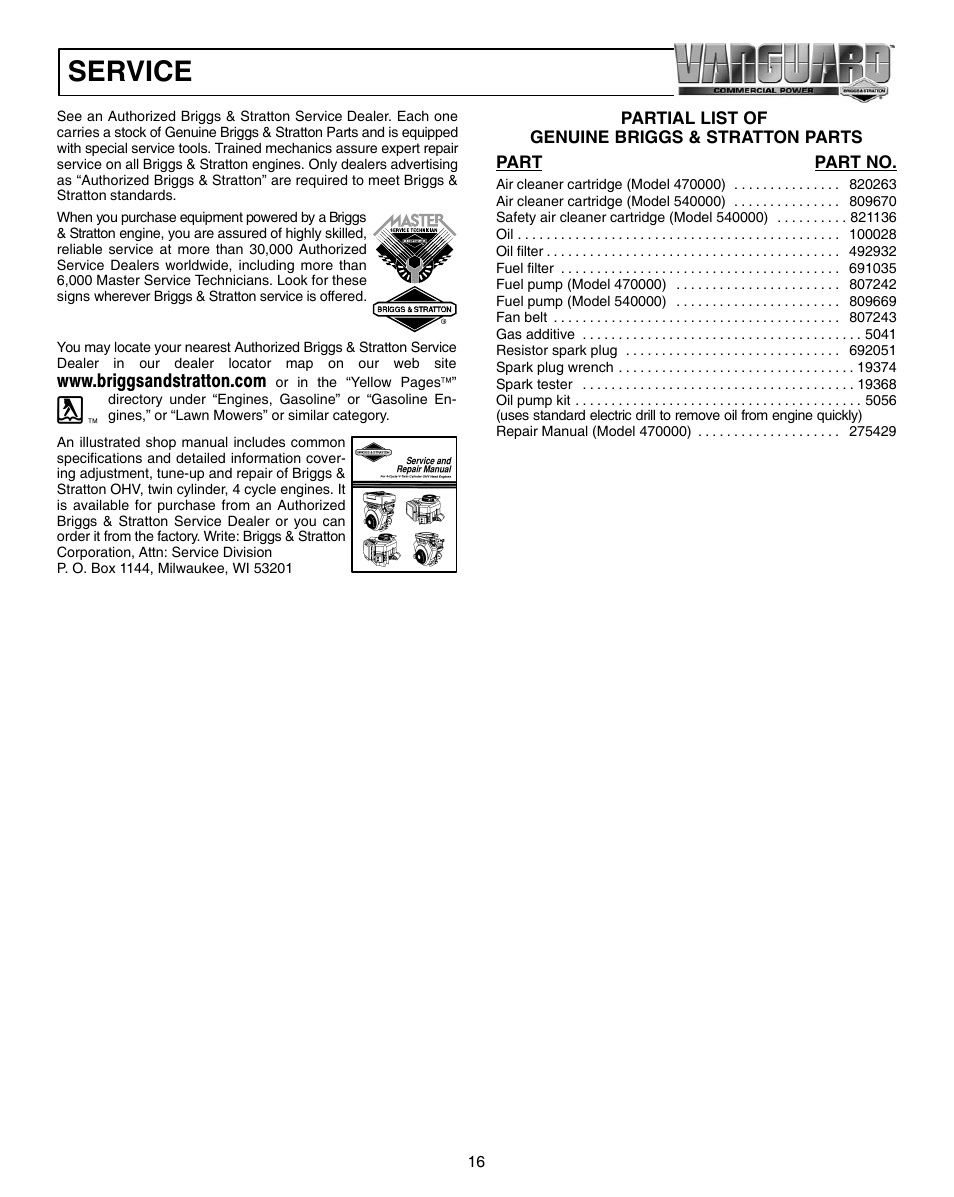 Service | Vanguard 470000 User Manual | Page 16 / 20