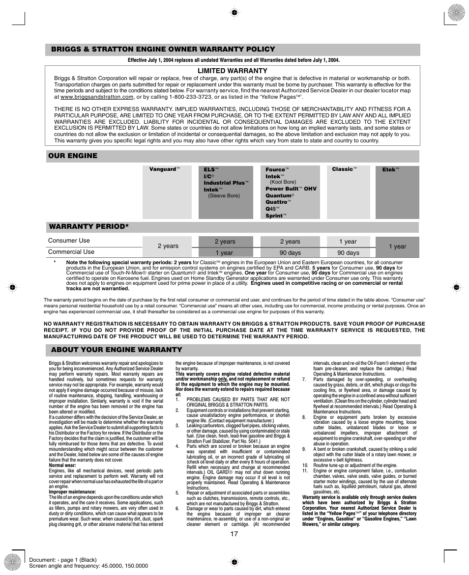 Our engine warranty period, About your engine warranty | Vanguard 470000 User Manual | Page 17 / 20