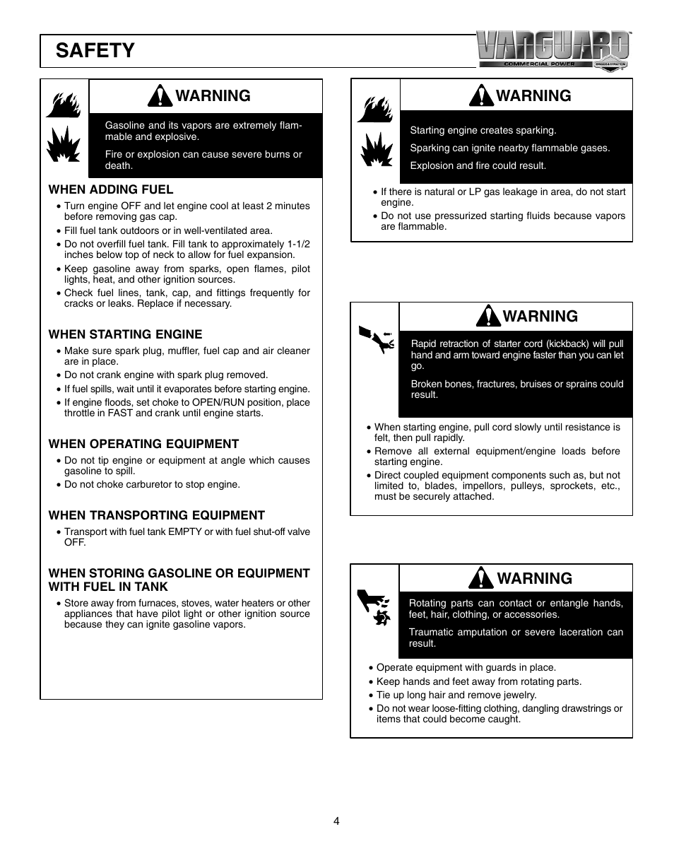 Safety, Warning | Vanguard 470000 User Manual | Page 4 / 20