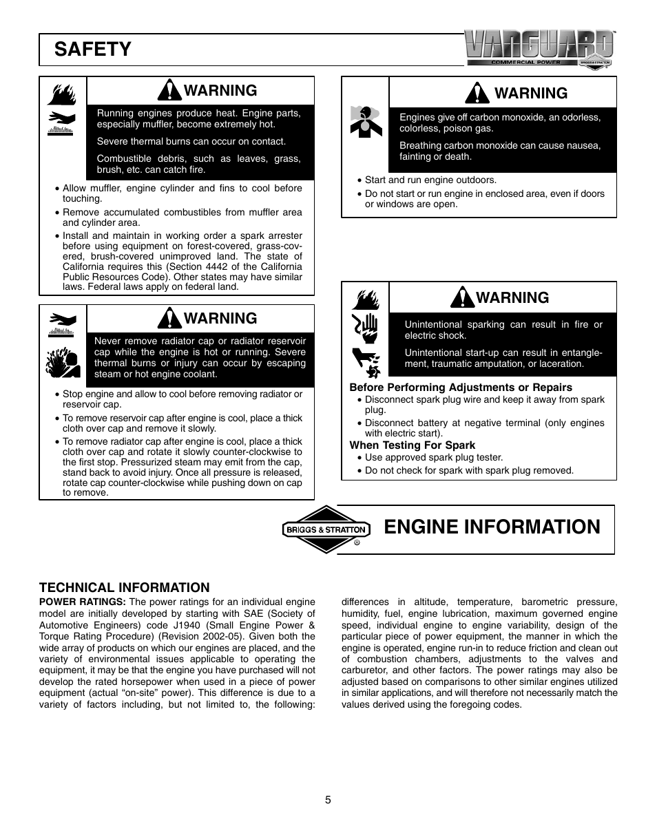 Safety, Engine information, Warning | Vanguard 470000 User Manual | Page 5 / 20