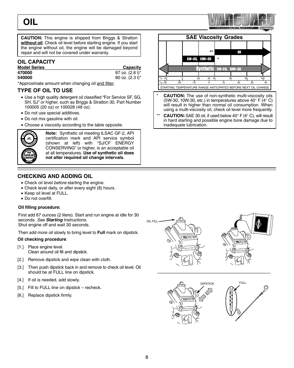 Oil capacity, Type of oil to use, Sae viscosity grades checking and adding oil | Vanguard 470000 User Manual | Page 8 / 20