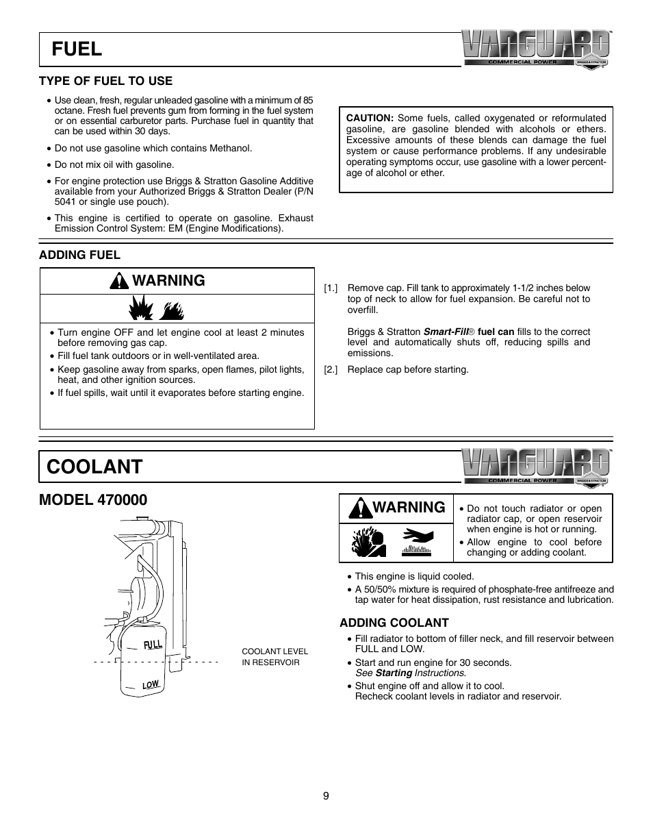 Fuel, Coolant, Warning | Vanguard 470000 User Manual | Page 9 / 20