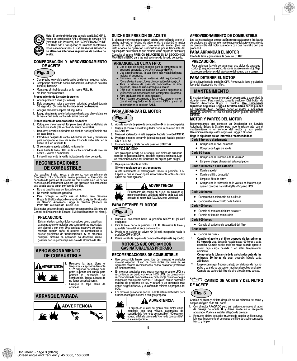 Recomendaciones de combustible, Aprovisionamiento de combustible, Arranque/parada | Mantenimiento | Vanguard 540000 User Manual | Page 11 / 24