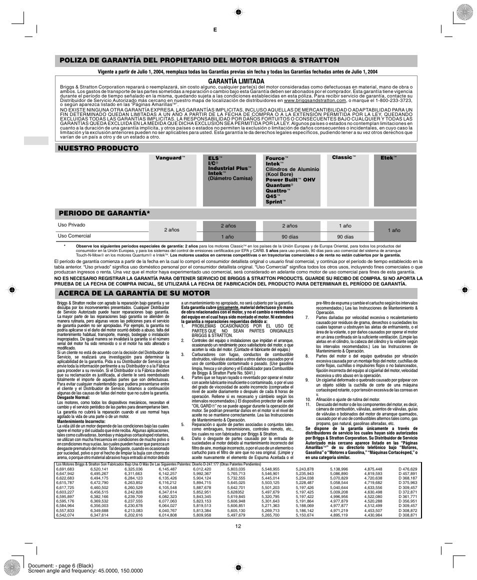 Garantía limitada, Nuestro producto periodo de garantía, Acerca de la garantía de su motor | Vanguard 540000 User Manual | Page 14 / 24