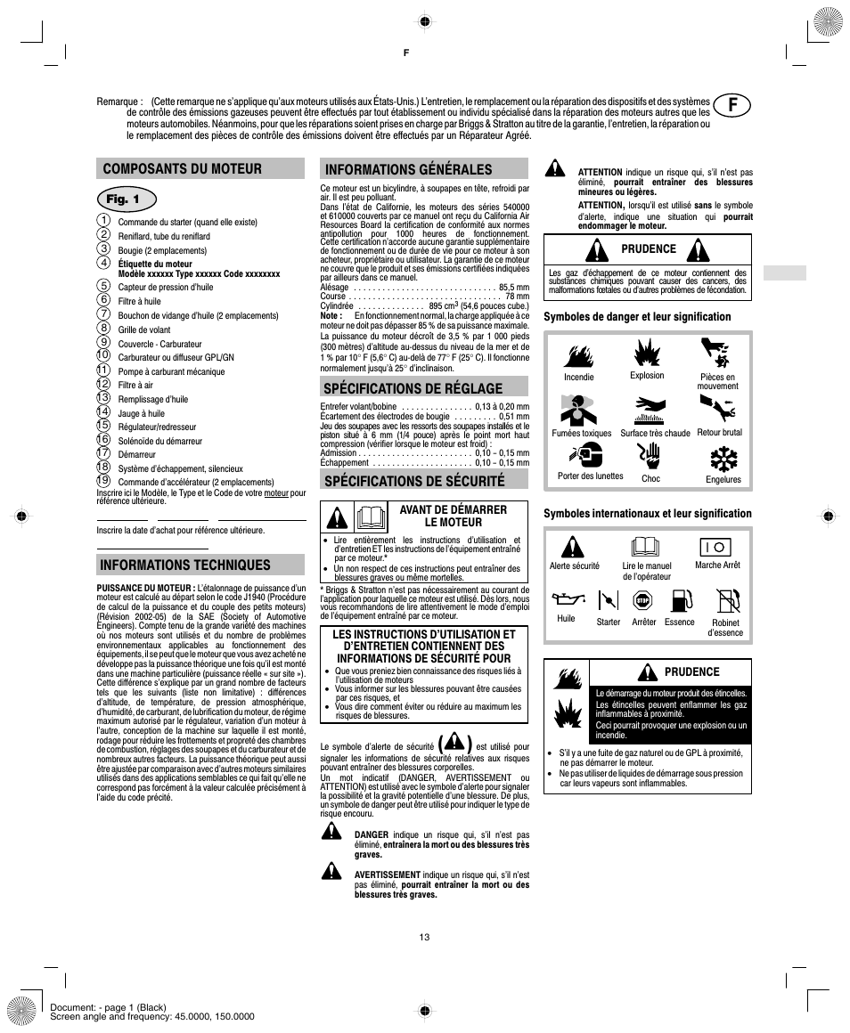 Composants du moteur, Informations techniques, Informations générales | Spécifications de réglage, Spécifications de sécurité | Vanguard 540000 User Manual | Page 15 / 24