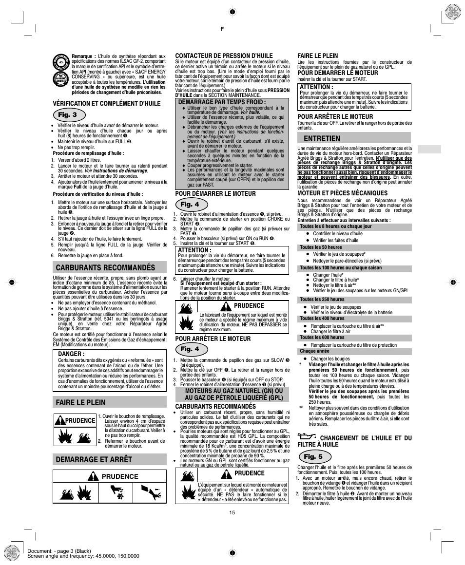 Carburants recommandés, Faire le plein, Demarrage et arrêt | Entretien | Vanguard 540000 User Manual | Page 17 / 24