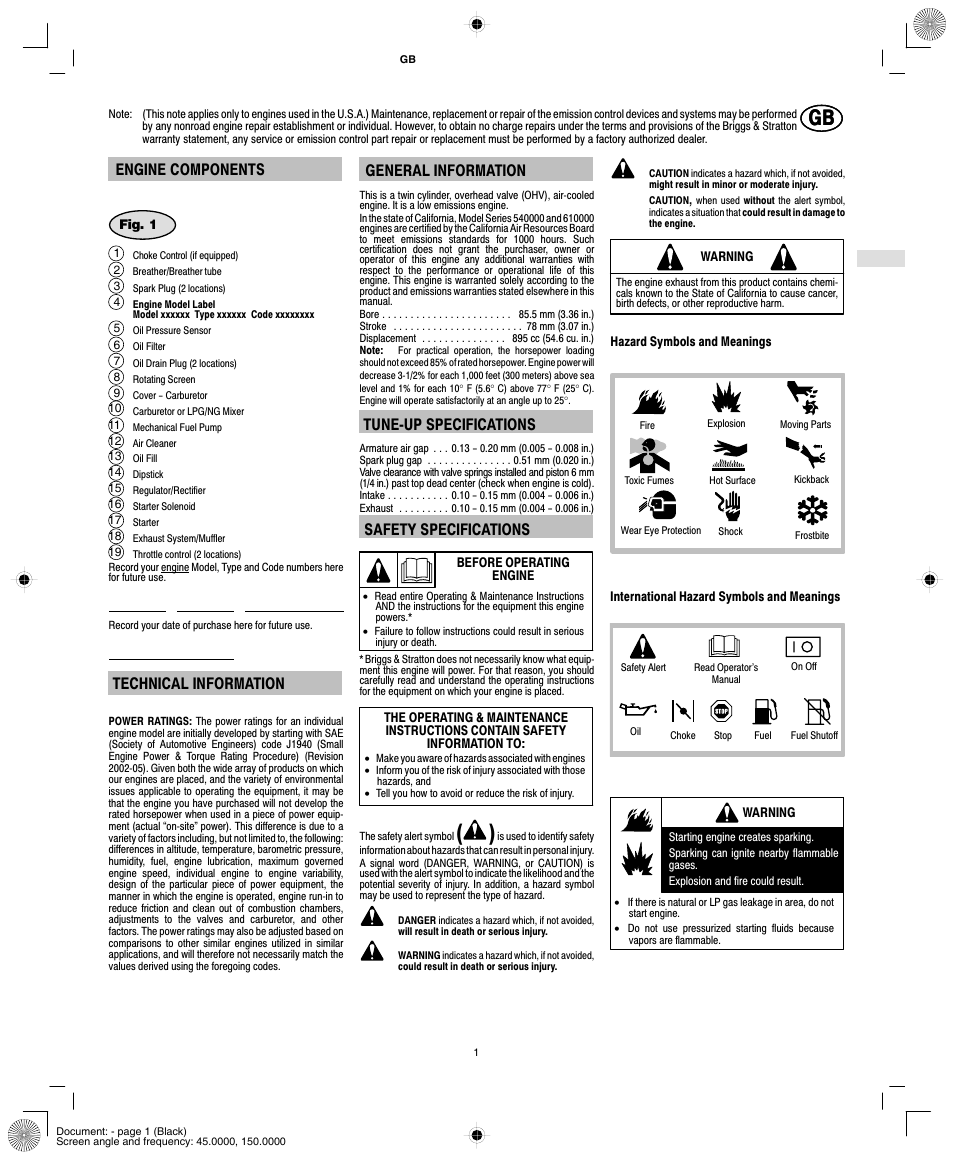 Engine components, Technical information, General information | Tunećup specifications, Safety specifications | Vanguard 540000 User Manual | Page 3 / 24